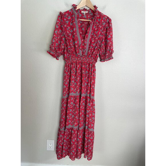 Max Studio Womens Medium Red Floral Maxi Tiered Dress Ruffle Trim Short Sleeve - Picture 5 of 9